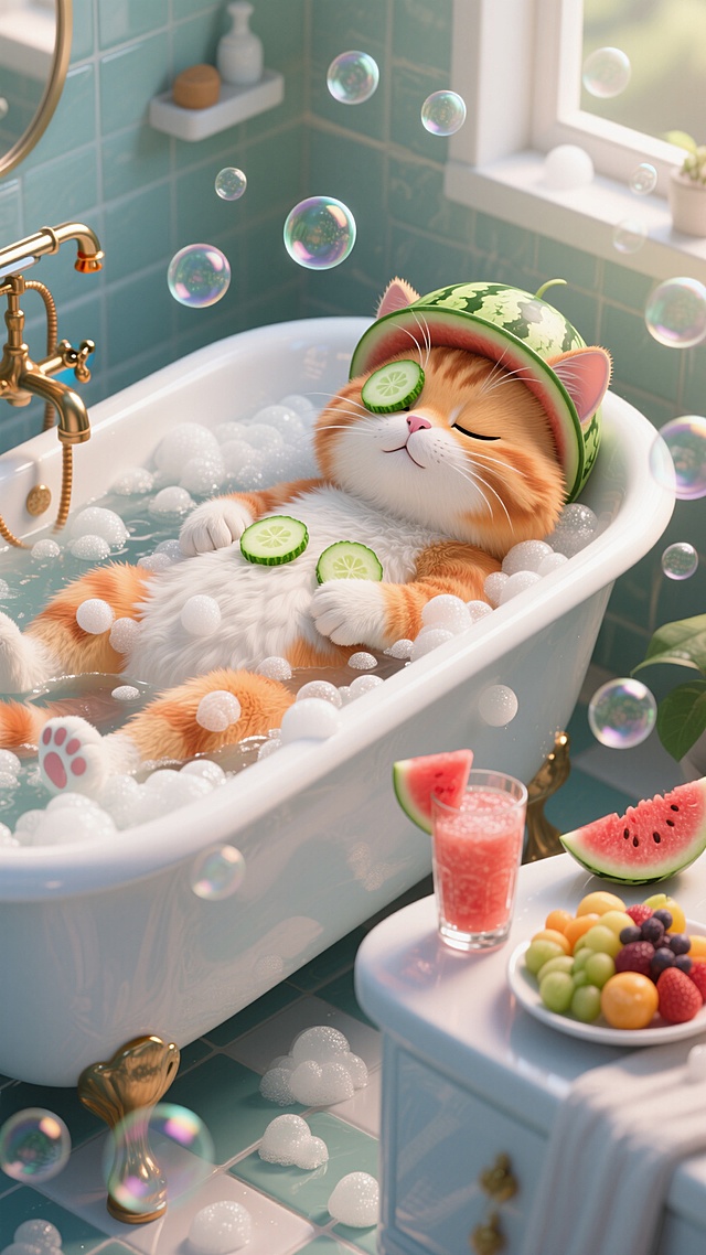 人化大橘猫，带着西瓜帽，敷着黄瓜，躺在浴缸里泡澡，浴缸里都是肥皂泡泡，浴缸边放着一杯西瓜汁，一碟果盘