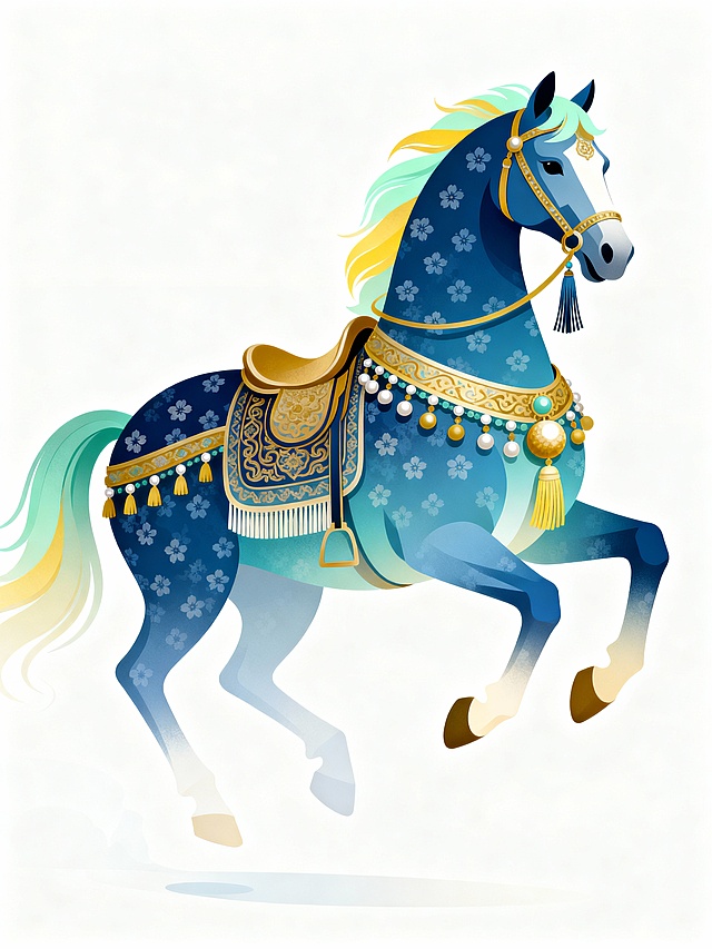 新中式扁平插画风格，无地面，无阴影，颜色淡雅，渐变色彩，复杂的设计风格。通过复杂的形状和色彩，极简艺术海报，一只装饰华丽的生肖马插画（全身完整马体），马悬空漂浮于画面中心，马身主色调（渐变深浅宝蓝），布满小花暗纹；装饰细节包括：脖子球形饰品、珠串挂饰（搭配流苏）、带有复杂纹理的鞍具，从它的马笼头上垂下丝绸流苏，附着在马鞍上的流苏马的姿态呈腾跃状，线条柔美且富有动感，马前蹄勾起，浅绿和金黄色相间彩马鬃，纯白色背景。中式传统美学与现代插画结合，色彩浓郁华贵宝蓝 + 姜黄 + 乳白 + 薄荷绿，装饰细节繁复精致，兼具古典雅致与视觉华丽感。光影层次感强烈，抽象表达，高清，颜色鲜明，高级优雅，近实远虚（远离镜头的腿虚化，颜色变浅）