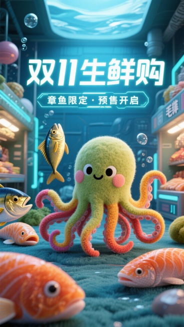 以卡通章鱼形象为核心，搭配高端日料生鲜，背景打造未来感海底都市场景，背景墙上有文字 “双 11 生鲜购”，下方用赛博风字体展示 “章鱼限定・预售开启”。预览效果