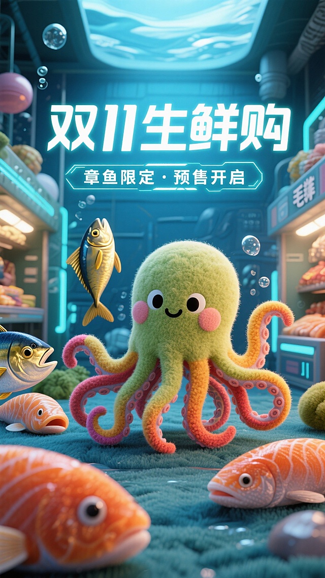 软3D风卡通章鱼拟人化设计，毛发生长质感搭配霓虹灯科技感场景，梦幻海底超市氛围，双11生鲜购主题创意十足。