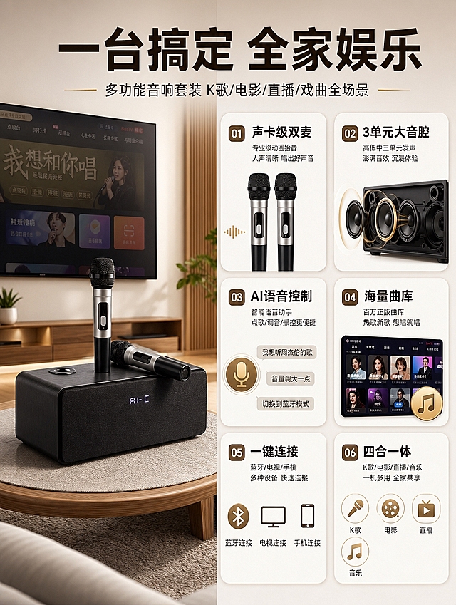 [商品] 使用【图2】黑色长方体K歌音响一体机+两支银黑无线麦克风；保留产品黑色主体、正面显示屏、顶部双麦插孔、金属网罩、麦克风银黑配色和整体比例结构；清晰化产品细节，不改变产品原貌。
[画面] 目标：核心卖点总览页，6大卖点卡片布局。构图：左1大产品图+右侧2列3行小卡片瀑布流，产品占画面40%居左，右侧6个圆角信息卡分别对应不同卖点，错落有致。阅读动线：从左到右，从上到下。
[视觉] 套系策略：风格=现代家居科技感商业摄影；标题字=粗黑体大字；正文字=简洁无衬线体；主色=深棕黑+暖米白；背景延展=基于深棕黑和暖米白做深浅层级、同色渐变和细腻木纹/布艺质感；强调色=暖金色，仅用于小面积图标、引线、标签和局部光效；标题色=深棕黑；正文色=中暖灰；组件=圆角浅底信息卡、细线引线；光影=左前侧暖柔光，产品正面清晰。
[文字] 顶部主标题「一台搞定 全家娱乐」，副标题「多功能音响套装 K歌/电影/直播/戏曲全场景」。6个卖点卡片：①声卡级双麦 ②3单元大音腔 ③AI语音控制 ④海量曲库 ⑤一键连接 ⑥四合一体。文字横排，字号手机端可读。
[规格] 图片比例3:4竖版，4K分辨率，避免变形、错字、文字过小、冷蓝背景、产品颜色改变、结构失真、乱码乱字。
