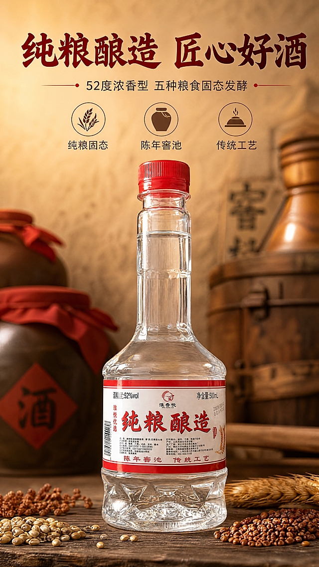 [商品] 使用【图1】淮香悦纯粮酿造白酒瓶；保留透明玻璃瓶身、红色瓶盖、红白标签、"淮香悦"品牌Logo、"纯粮酿造"大字、酒精度52%vol、净含量500mL、"陈年窖池 传统工艺"等所有标签文字与瓶身结构；自然修复瓶身反光与杂影，增强玻璃通透质感，标签文字清晰锐利，不改变瓶型比例和颜色。
[画面] 目标：头图主视觉，突出纯粮酿造白酒的品质感与中式匠心氛围。构图：上文下图竖版，上半部分35%留白放标题文案，下半部分65%产品主体居中偏下，产品占画面约55%。产品正立微仰角度，瓶身标签正对观众。前景散落高粱、小麦等粮食颗粒，中景产品置于古朴木质台面上，背景虚化中式酒坊/陶坛/土墙暖光环境，≥3层环境元素，暖光从左前侧打亮瓶身。
[视觉] 套系策略：风格=中式复古匠心商业摄影，暖调电影质感；标题字=中式书法宋体粗体，厚重有力；正文字=简洁黑体；主色=中国红+暖木棕；背景延展=基于暖木棕做深浅层级、土墙肌理、木质纹理渐变；强调色=中国红，仅用于小面积图标、引线和标签点缀；标题色=深酒红+中国红；正文色=深棕灰；组件=圆角木色信息卡、细线引线、粮食icon；光影=左前侧暖柔光，侧逆光勾勒瓶身轮廓。
[文字] 上部居中主标题："纯粮酿造 匠心好酒"（8字），副标题："52度浓香型 五种粮食固态发酵"（14字）；主标题下方3个短卖点icon横排："纯粮固态""陈年窖池""传统工艺"；文字不遮挡瓶身主体标签，全部横排，手机端清晰可读。
[规格] 图片比例9:16竖版，4K，负向提示：避免变形、错字、文字过小、冷蓝背景、瓶身颜色改变、标签文字错乱、现代极简风格。