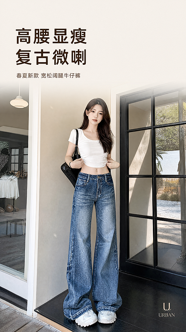 [第1屏] 详情页头图，喇叭阔腿宽松直筒高腰微喇牛仔裤女款春夏新品宣传海报。保持产品的水洗蓝色、高腰微喇阔腿版型、裤子物理结构、材质质感和颜色与输入图一致。
[氛围/风格] 简约韩风日常氛围感，清新柔和自然光，商业服饰摄影质感，画面干净高级。
[元素布局] 模特穿着牛仔裤展示在画面中心，占据画面65%-70%主体位置。背景为简约浅米色墙面+黑色玻璃门窗，保留原图自然居家场景氛围，整体无边框满铺，突出牛仔裤版型。
[光影质感] 左侧柔和主光照亮裤身水洗纹理，右侧形成自然柔和投影，整体通透自然，裤子面料和版型边缘清晰真实。
[配色色系] 全局底色：#F5F1EB（浅米灰）；主体配色：#3A6691（牛仔蓝）+ #F9F9F9（上衣白）；辅助色：#2D2D2D（文字深棕）。
[视角构图] 正面中景构图，模特位于画面中心偏下，上半部分完整留给标题，动线清晰。
[文字版式] 上半部分左对齐排版，主标题「高腰显瘦 复古微喇」深棕粗体字，字号约占画面宽度8%，不遮挡主体。副标题「春夏新款 宽松阔腿牛仔裤」小号浅棕字，位于主标题下方，左对齐。右下角点缀品牌小logo，不遮挡产品。
[比例分辨率] 9:16竖版比例，4K分辨率，文字清晰可辨，超高清。
[负向提示词] 裤子版型变形，颜色偏差，结构错误，水印，文字错乱，产品图模糊，背景杂乱，拉伸变形。