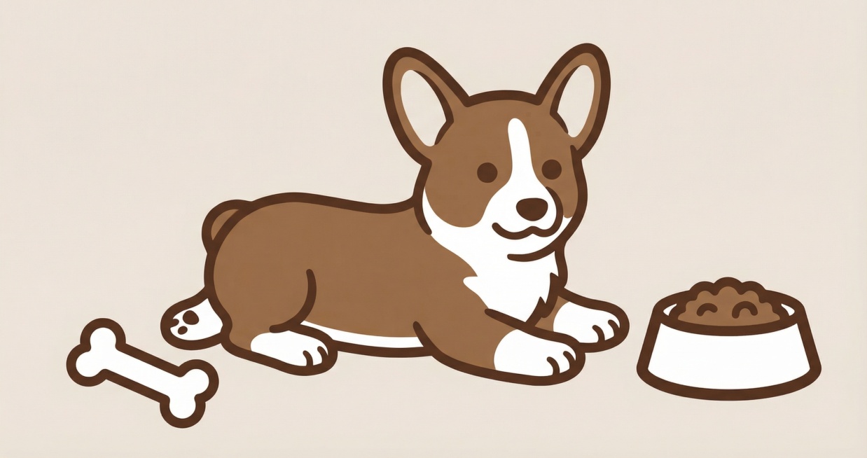 帮我参考图片的小狗生成一个柯基小狗，旁边有一个狗骨头和狗碗预览效果