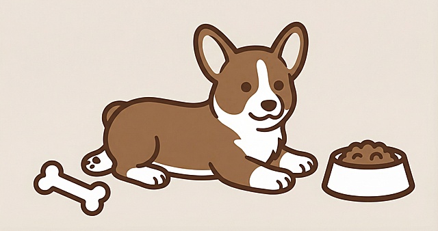 帮我参考图片的小狗生成一个柯基小狗，旁边有一个狗骨头和狗碗