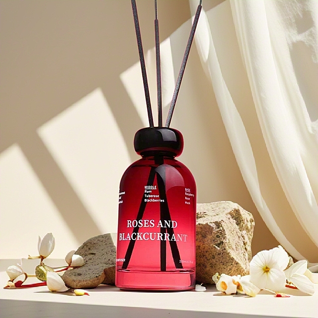 背景干净，地面有一个岩石，岩石上放着着产品，绸缎围绕，光影结合，周围花瓣点缀。