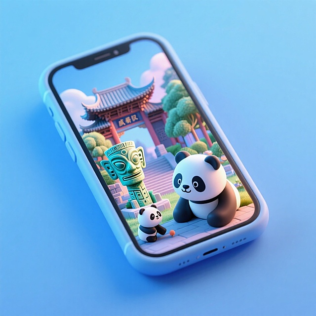 软3D风格的卡通熊猫与古蜀面具在中式庭院中互动，梦幻色彩搭配粘土质感，呈现虚拟现实中的可爱国风场景。