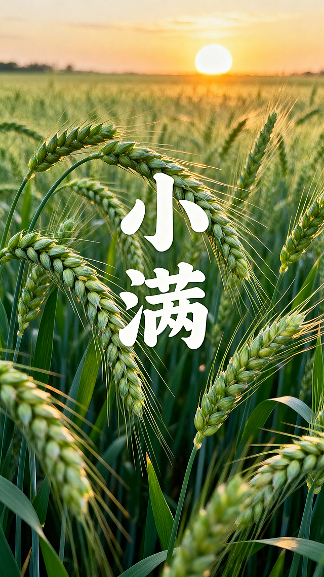 小满节气海报，清新国风风格，大片青绿色麦田，饱满的麦穗，初升的太阳，微风轻拂，画面中有醒目的艺术字“小满”，整体色调清新自然，充满初夏生机，构图舒适适合做节气宣传海报