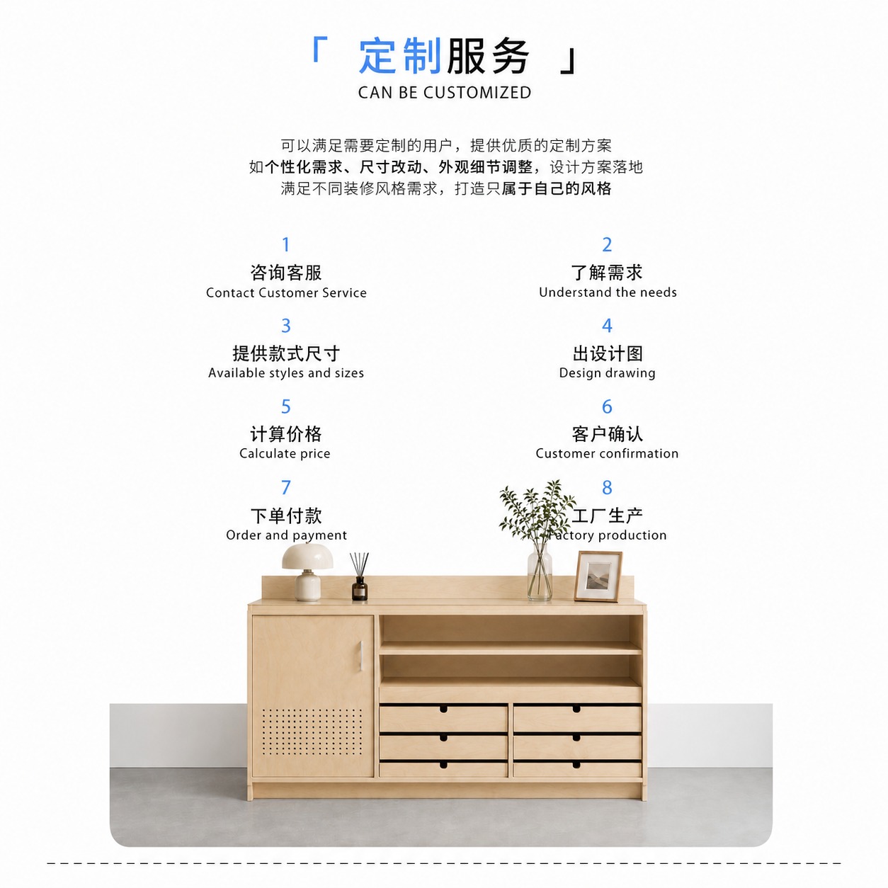 将第一张图底部的柜子产品替换为第二张图中的柜子（带台面摆件：白… - 图片创意预览