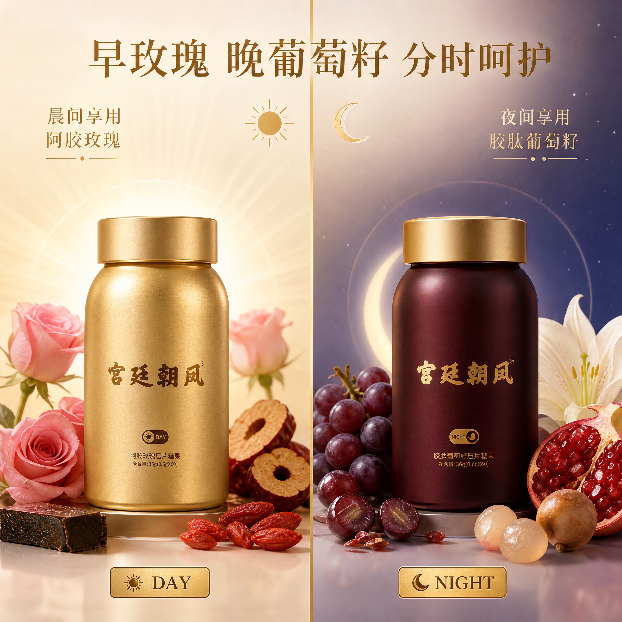 [主图-3] 宫廷朝凤 阿胶玫瑰+胶肽葡萄籽压片糖果套盒 早晚… - 图片创意预览