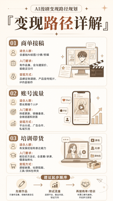 AI漫剧变现路径规划，大标题写"变现路径详解"，介绍商单接稿、账号流量、培训带货等主流变现方式，说明每种方式入门要求，风格简约清晰，暖米色背景，竖版小红书图文，无水印，文字无错别字预览效果