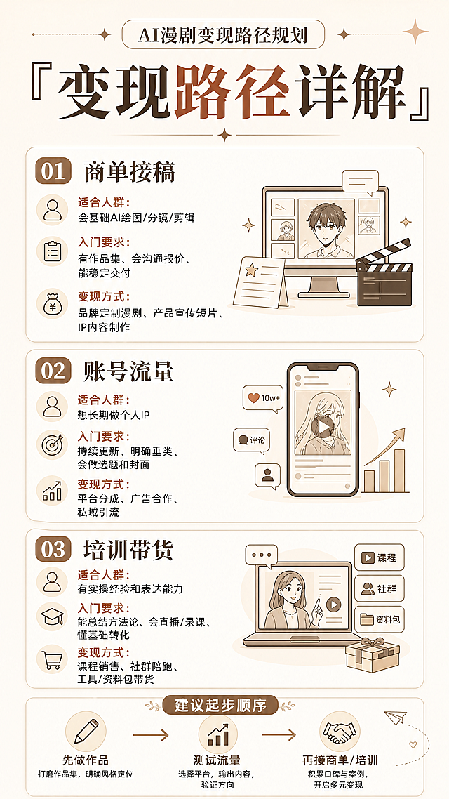 AI漫剧变现路径规划，大标题写"变现路径详解"，介绍商单接稿、账号流量、培训带货等主流变现方式，说明每种方式入门要求，风格简约清晰，暖米色背景，竖版小红书图文，无水印，文字无错别字