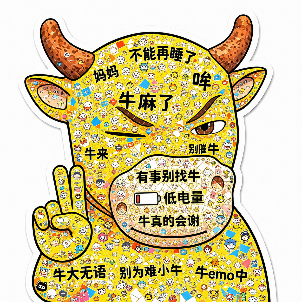 参考图1的马赛克拼贴风格牛形象整体保持不变，将参考图2中的所有… - 图片创意预览