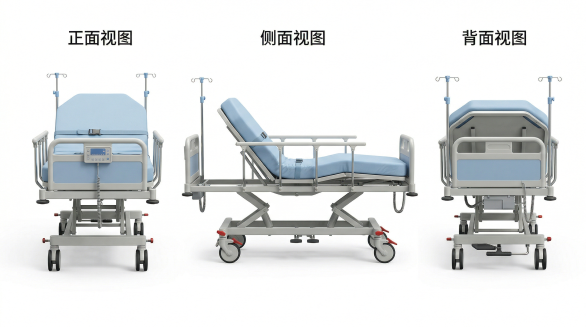 生成一张可移动临时病床的三视图，包含正面、侧面和背面三个视角，纯白色背景，高清医疗设备产品图，比例16:9预览效果