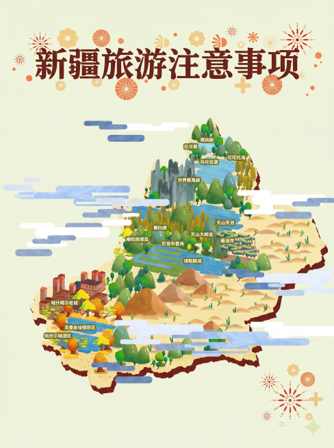 去掉新疆维吾尔自治区这几个字，加上新疆旅游注意事项这几个字，要求新疆旅游注意事项这几个字是横向的原地图完整展示，和字一起是一张3:4比例的图预览效果