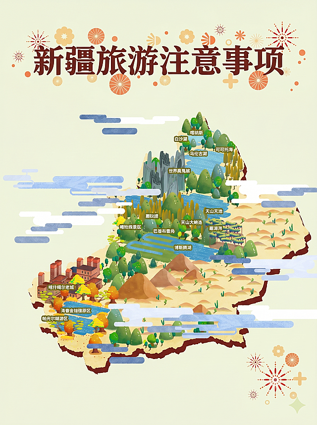 去掉新疆维吾尔自治区这几个字，加上新疆旅游注意事项这几个字，要求新疆旅游注意事项这几个字是横向的原地图完整展示，和字一起是一张3:4比例的图