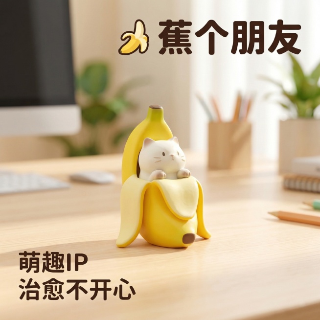 [主图 5] 蕉个朋友可爱款展示。氛围风格：简约办公桌面舒缓治愈风，自然光。画面元素：黄色香蕉造型猫猫摆件放置在办公桌面，保持原设计造型，背景为柔和虚化的办公环境，突出萌趣设计。配色色系：明亮黄色为主预览效果