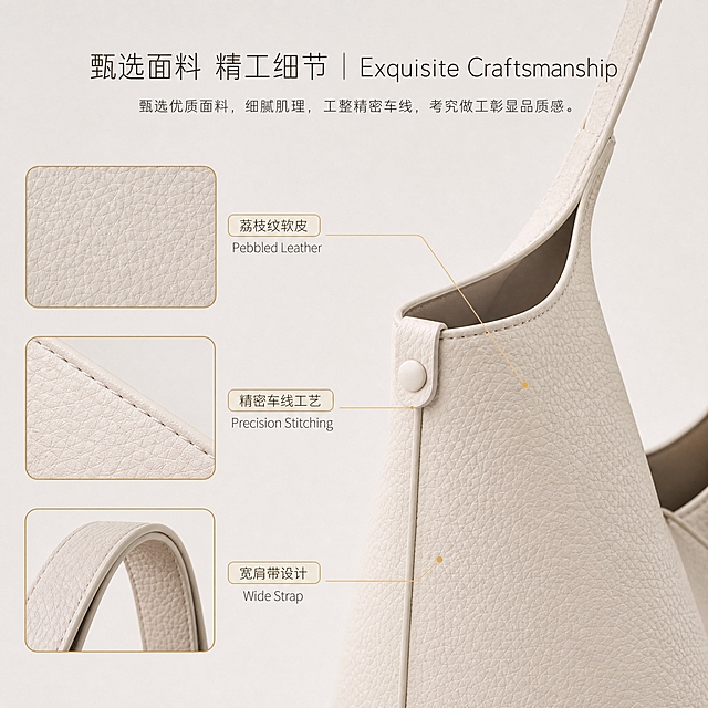 [商品] 使用【图1】米杏色软皮托特包局部；保留荔枝纹皮革纹理、车线缝线、包边工艺、宽肩带、侧扣五金细节；放大面料纹理与工艺细节，不改变材质与颜色。
[画面] 模块3材质工艺细节图，浅素色米灰背景，包袋局部特写镜头为主视觉；画面分布2-3个放大细节区域：荔枝纹皮革面料特写、精密车线缝线特写、宽肩带包边细节特写；用简约标注框+引线标注细节名称，突出面料真实质感与精工细节。
[视觉] 套系策略：风格=海外轻奢进口极简高级商业摄影；标题字=现代纤细无衬线中文字体+高端无衬线英文字体；正文字=简洁无衬线体；主色=暖咖米杏；背景延展=浅素色米灰细腻背景；强调色=浅金，仅用于标注引线和小标签；标题色=深炭棕；正文色=中暖灰；组件=细线标注框、极简引线、圆角小标签；光影=侧前柔光突出肌理层次。
[文字] 顶部居中标题"甄选面料 精工细节 | Exquisite Craftsmanship"；下方小字文案"甄选优质面料，细腻肌理，工整精密车线，考究做工彰显品质感。"；3个材质工艺卖点中英文对照"荔枝纹软皮 Pebbled Leather""精密车线工艺 Precision Stitching""宽肩带设计 Wide Strap"；全部文字横排，背景浅素色突出质感。
[规格] 800×800像素1:1方图，2K分辨率，避免变形、错字、文字过小、材质失真、颜色改变。