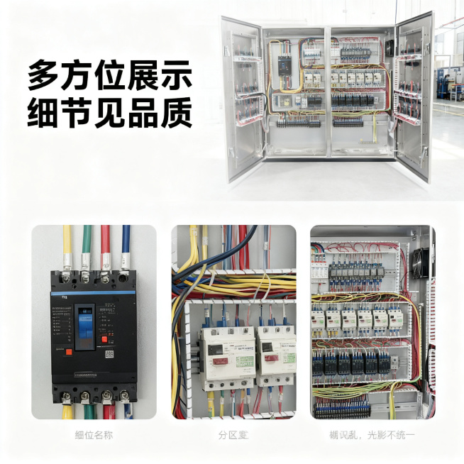 [主图 4] 变频控制柜多维度拼图展示；
[氛围/风格] 专业工业风，现代化干净工厂车间环境，整体风格光影与整套主图保持统一。
[画面元素] 商业摄影质感、光线柔和通透、产品清晰真实、画面干净高级。采预览效果