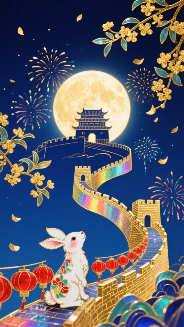 唯美的剪影风格，深蓝色夜空，一只可爱的玉兔以优雅的姿态仰头邀请，望向一轮巨大的明月。明月中心是庄严的城楼剪影，周围有绽放的烟花，月下是蜿蜒的长城剪影和喜庆的红灯笼队伍。桂花枝从画面两侧垂下，飘落着金色预览效果