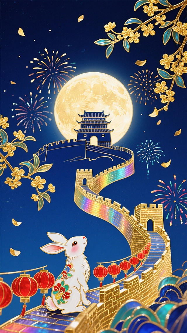 国潮风插画，融合中式感与梦幻感，鎏金长城蜿蜒于明月之下，彩灯高挂，玉兔拟人化静坐，烟花绽放，刺绣风细节精致，尽显喜庆与奢华。
