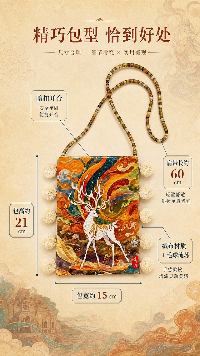 包型结构解析页，橙黄九色鹿款绒布手机包正面居中放大展示，长方形竖款包型，九色鹿印花，两侧毛球流苏，彩绳肩带。四周用细线引线标注：包高约21cm、包宽约15cm、肩带长约60cm、暗扣开合、绒布材质加毛球流苏。顶部标题"精巧包型 恰到好处"。浅米黄色敦煌肌理背景，柔和均匀布光，国风宋体标题，暖橙赭石主色调，石青蓝引线，米黄信息卡，商业摄影质感。9:16竖版，4K画质。