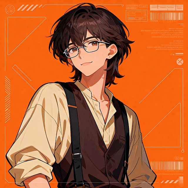 日系动漫风格男性角色插画，深色中长发（带自然层次感），佩戴简约细框眼镜，神情温和略带自信；穿搭为米色宽松衬衫+深色背带马甲，整体色调是适配橙色背景的暖色系；画风融合赛博朋克复古潮流感，线条清晰利落，色彩明快，带有现代设计类装饰细节（如几何线条、潮流排版元素）；作为作品集封面角色形象，质感细腻、细节丰富，兼具动漫灵动性与复古设计的潮流氛围。