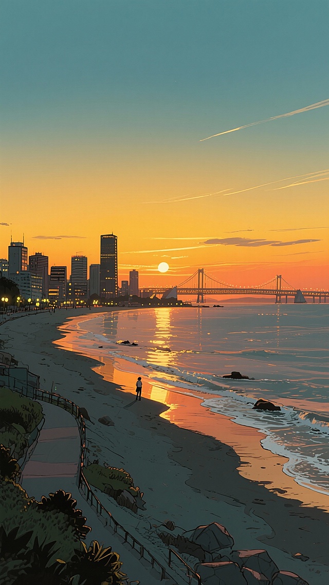 二次元，城市海边夜晚黄昏，氛围回忆，暖洋色，不要人物，细节丰富，9:16，生成二张