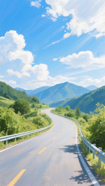 蜿蜒的沥青公路向远方山脉延伸，两侧是郁郁葱葱的绿色植被和金属护栏，晴朗的天空中飘着洁白的云朵，阳光明媚，呈现出印象派绘画风格，色彩明快，笔触富有动感和层次感，光影变化柔和，营造出宁静而充满希望的氛围。预览效果