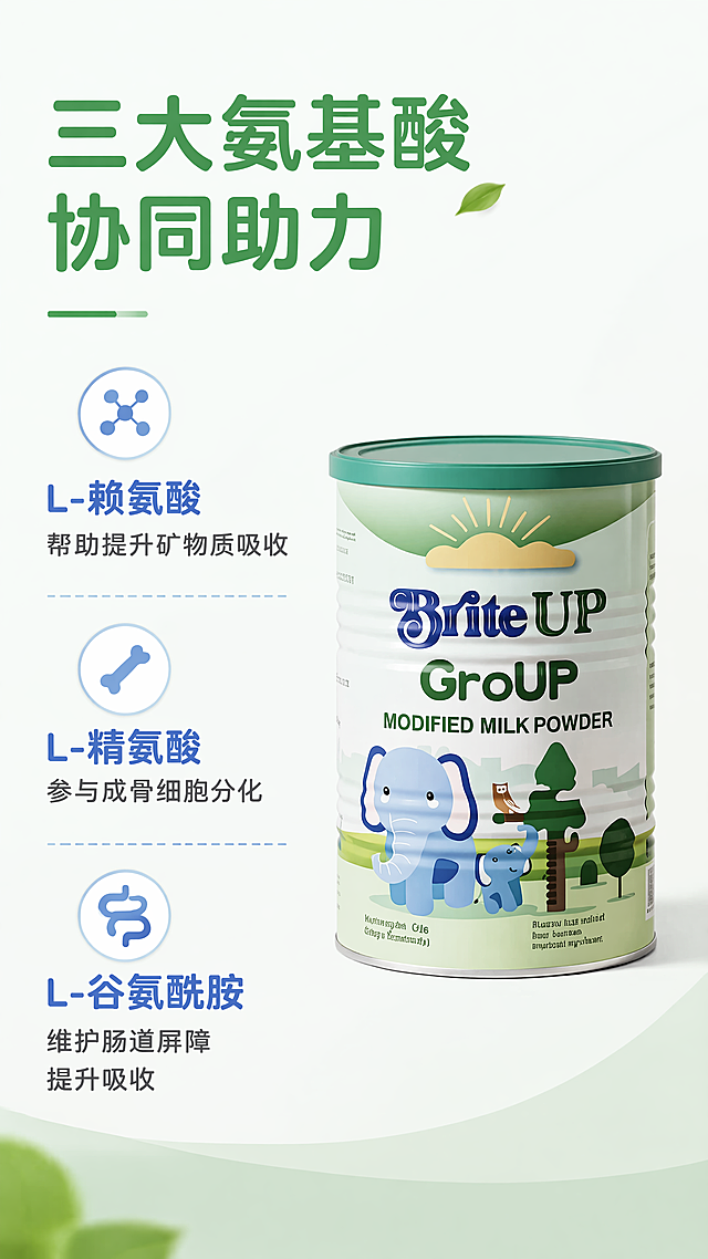 [第6屏] 三种生长相关氨基酸解析
[氛围/风格] 清晰专业营养展示，干净清爽，信息层次分明
[元素布局] 左侧竖向排列三种氨基酸信息，右侧放置产品罐，本屏使用【图1】作为商品主体，保持罐体外观不变，左右分栏布局，信息在左产品在右
[光影质感] 均匀柔和布光，信息清晰易读，产品清晰真实
[配色色系] 全局底色：#F5FBF7（浅绿白）；主体配色：#41A857（绿色）+ #2D3436（深灰文字）；辅助色：#6387D2（蓝色分项）
[视角构图] 左右分栏平衡布局，阅读从上到下，从左到右自然流畅
[文字版式] 沿用首屏圆角黑体标题字形，字色使用深灰和绿色两种，文字采用纯色填充。顶部大标题「三大氨基酸 协同助力」绿色加粗，左侧分三点介绍：L-赖氨酸，帮助提升矿物质吸收；L-精氨酸，参与成骨细胞分化；L-谷氨酰胺，维护肠道屏障提升吸收。每个氨基酸名称用蓝色加粗，说明文字简洁，行距宽松
[比例分辨率] 9:16竖版比例，宽度1080像素，高度1920像素，4K分辨率，文字清晰可辨，超高清
[负向提示词] 罐体变形，包装文字错乱，颜色偏差，水印，文字模糊，背景杂乱，虚假功效宣传，夸大宣传，治疗功效
