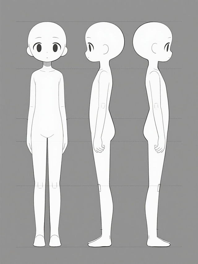 灰色纯色背景上的动漫风格人物三视图，正面、背面和侧面视角，白色人物轮廓线条清晰流畅，头部比例较大，眼睛为圆形，四肢修长，关节处有简单线条标记，整体呈现简洁的日式动漫角色设计草图风格，无任何文字、logo或装饰元素。