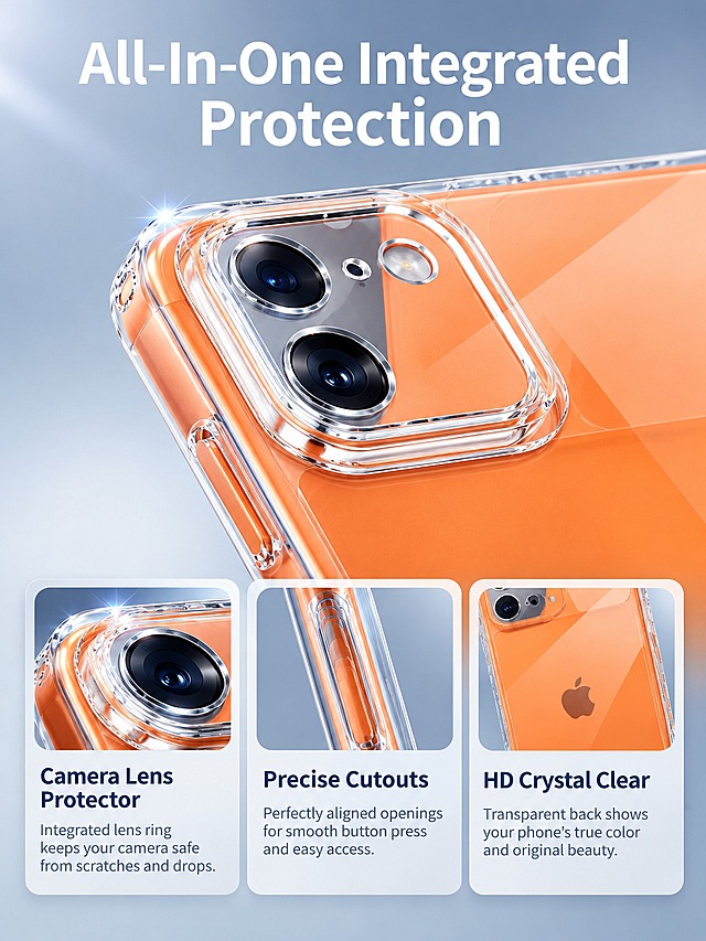 [主图-3] Crystal Clear Phone Case with Screen Protector，结构细节：一体镜头保护+精准开孔+高清通透。
[统一基调] 冷灰科技感克制信息图风格，浅灰到冷蓝渐变背景，现代无衬线粗体英文字体，白色主标题字色，深蓝辅助字色，圆角半透明卡片组件，整体专业高级。
[画面] 产品背面特写占据画面中央偏上位置，镜头区域放大展示一体成型的镜头保护圈结构，保护圈略高于镜头表面，周围有钻石般的高光折射效果。画面下方用3个圆角卡片横向排列，分别展示3个细节：第一个卡片展示镜头保护圈特写配文字"Camera Lens Protector"，第二个卡片展示侧边精准按键开孔配文字"Precise Cutouts"，第三个卡片展示透明背板的高清通透效果，透过壳可以清晰看到手机细节配文字"HD Crystal Clear"。画面顶部是主标题。
[光影质感] 商业微距摄影质感，镜头区域有柔和的星芒高光，透明材质边缘清晰锐利，卡片有轻微阴影悬浮感，整体光影统一从左上方来。
[配色] 浅灰到冷蓝渐变背景，白色标题，深蓝辅助文字，产品透明+橙色手机主体，卡片半透明白底。
[文字版式] 顶部居中大标题"All-In-One Integrated Protection"，下方三个卡片各有小标题和简短说明，全部英文无衬线字体，标题最大最粗，卡片文字较小，文字不遮挡产品关键部位。
[输出要求] 比例3:4，文字清晰可读，产品细节清晰，无变形、错字、模糊、杂乱、水印、平台Logo。