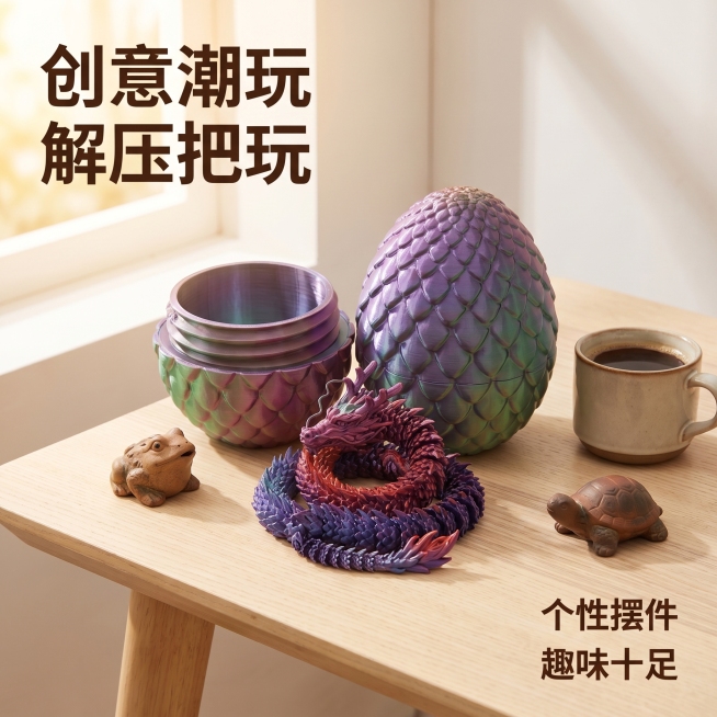 [主图-8] 创意解压属性展示图。
[氛围风格] 场景化种草，突出解压玩具属性。
[画质] 商业摄影质感、光线柔和通透、产品清晰真实、画面干净高级。
[元素] 中国龙蛋放置在桌面，中国龙从龙蛋中取出盘预览效果