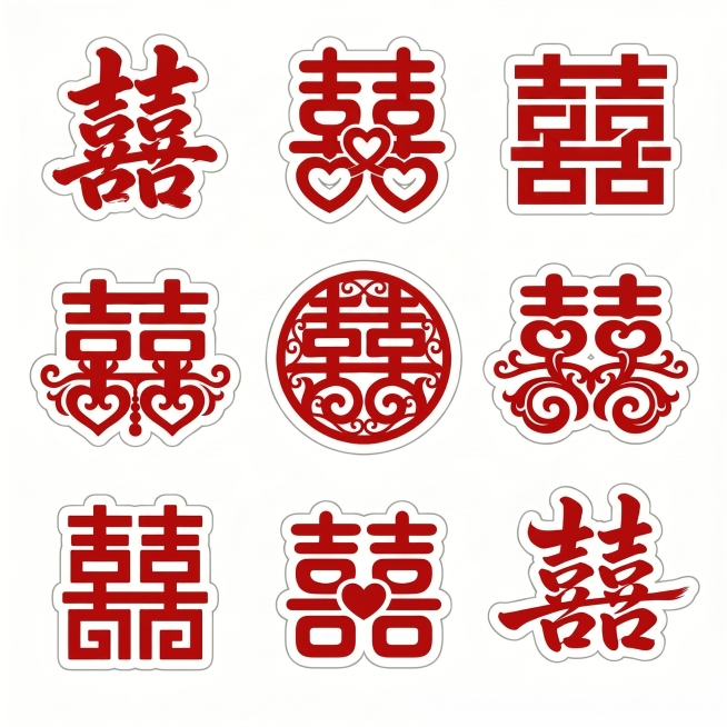 参考原图，给九宫格布局里的每一个红色囍字都添加一圈白色外扩边缘，保持所有红色囍字的设计和布局不变，背景还是纯白色，保留所有设计细节，仅给每个红色囍字增加白色扩边，更适合做玻璃贴，分辨率保持2K预览效果