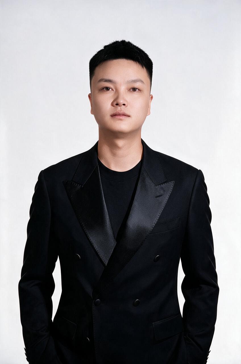 以第二张黑色西装形象照为底图，将第一张周冠日海报中人物的脸型替… - 图片创意预览