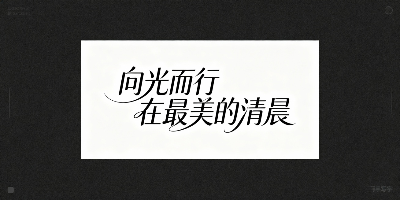 手写字体设计“向光而行 在最美的清晨” ，飘逸、浪漫、纤细，保持字形结构清晰完整。白色背景黑字预览效果