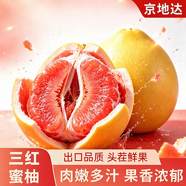 仅修改图片中的文字，将红心改为三红，商超改为出口，水润改为肉嫩，保持所有其它内容、构图、风格不变