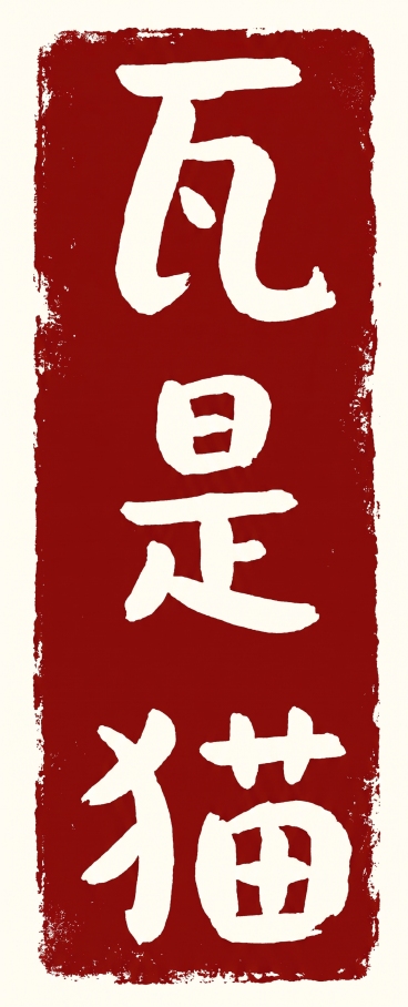保持图二的“瓦是猫”文字内容和手写风格不变，将其设计为参考图一的方形印章样式，印章背景为红色印泥颜色，文字为白色，保留印章边缘粗糙的拓印质感，整体为国风书法印章效果预览效果