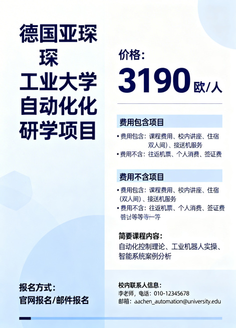 德国亚琛工业大学自动化研学项目宣传单单页第二页，浅蓝色白色现代简约商务风格，替换原深蓝色黄色配色，突出价格3190欧/人，清晰列出费用包含与不含项目，展示报名方式与校内联系人信息，补充简要课程内容，保预览效果