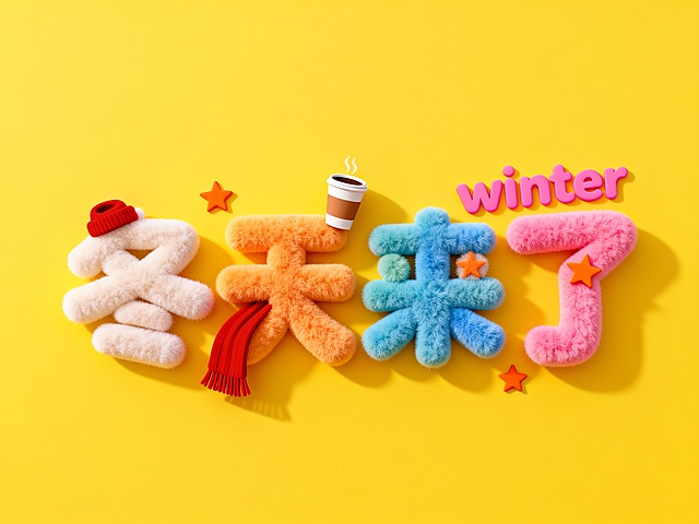 软3D毛绒字体搭配冬季元素，可爱卡通风格，温暖趣味十足，黄色背景衬托温馨节日氛围。