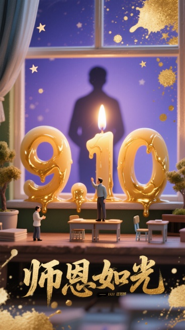 透过窗户往里面看，画面核心部分是由蜡烛蜡油构成的数字 “9.10”。蜡烛蜡油呈现出一种自然的流动质感，就像是正在融化滴落的瞬间被定格。数字边缘有细腻的纹理与光泽。烛火明亮且有柔和的光晕，背景为深邃的蓝预览效果