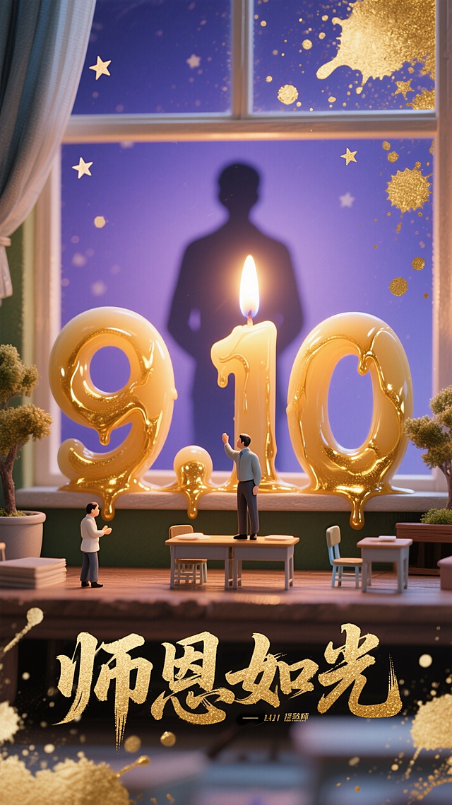 梦幻3D微缩艺术，鎏金烛光映衬教师节温馨场景，创意致敬师恩。