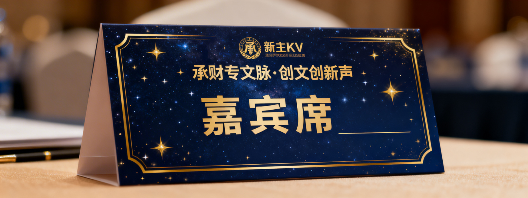 延续全新主KV深蓝色星空+金色更明亮的设计风格，设计"承财专文脉·创文创新声"大赛嘉宾席座签，保留logo和主题小字，预留嘉宾姓名清晰填写区域，版式规整，典雅正式，配色和新主KV统一，字体更清晰预览效果