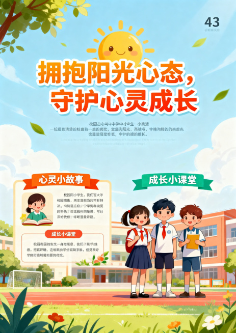 A3尺寸心理知识科普海报，适合中小学生，主题温暖明亮，包含心理小故事小知识板块，搭配醒目标语“拥抱阳光心态，守护心灵成长”，整体风格清新活泼，图文排版清晰，具有校园特色，分辨率300dpi，科学准确有预览效果