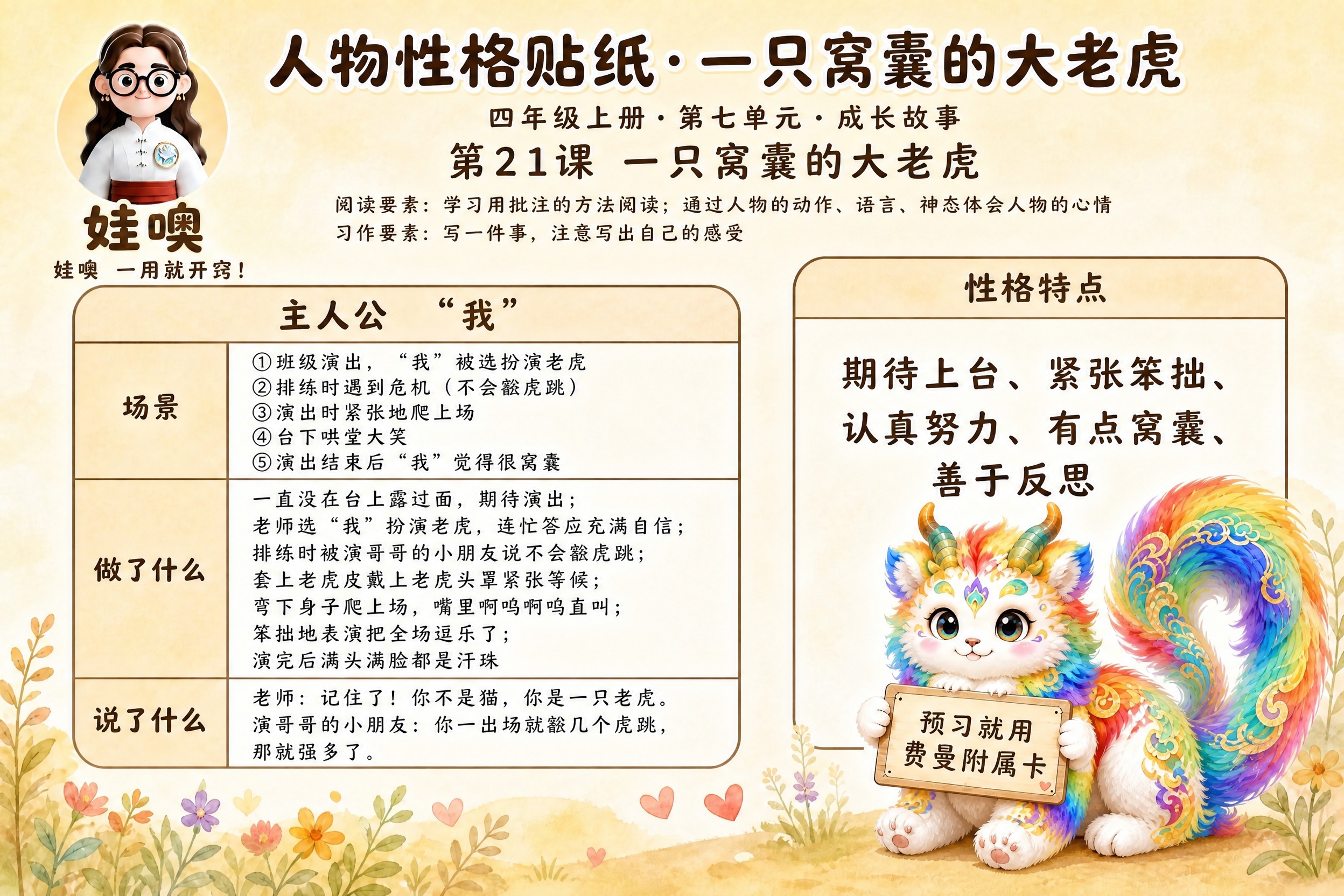 参考图1的标准版式，生成四年级人物性格贴纸学习卡。整体版式结构… - 图片创意预览