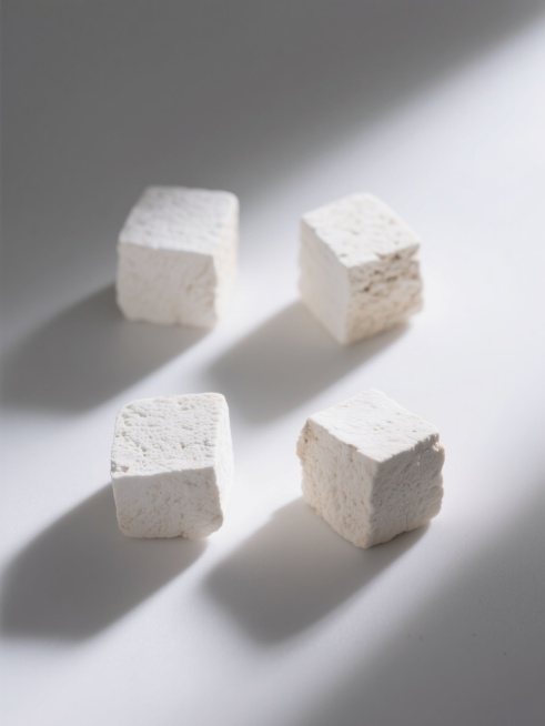 一套4个规整排布的茯苓素材，保持简约现代风格，每个茯苓呈现不同的造型样式，纯净的白色茯苓块，表面带有细腻的颗粒质感，柔和的侧上方光源，在白色纯色背景上投下淡淡的阴影，整体构图简洁，突出茯苓的自然形态和纯净感，无任何文字、logo和水印。预览效果