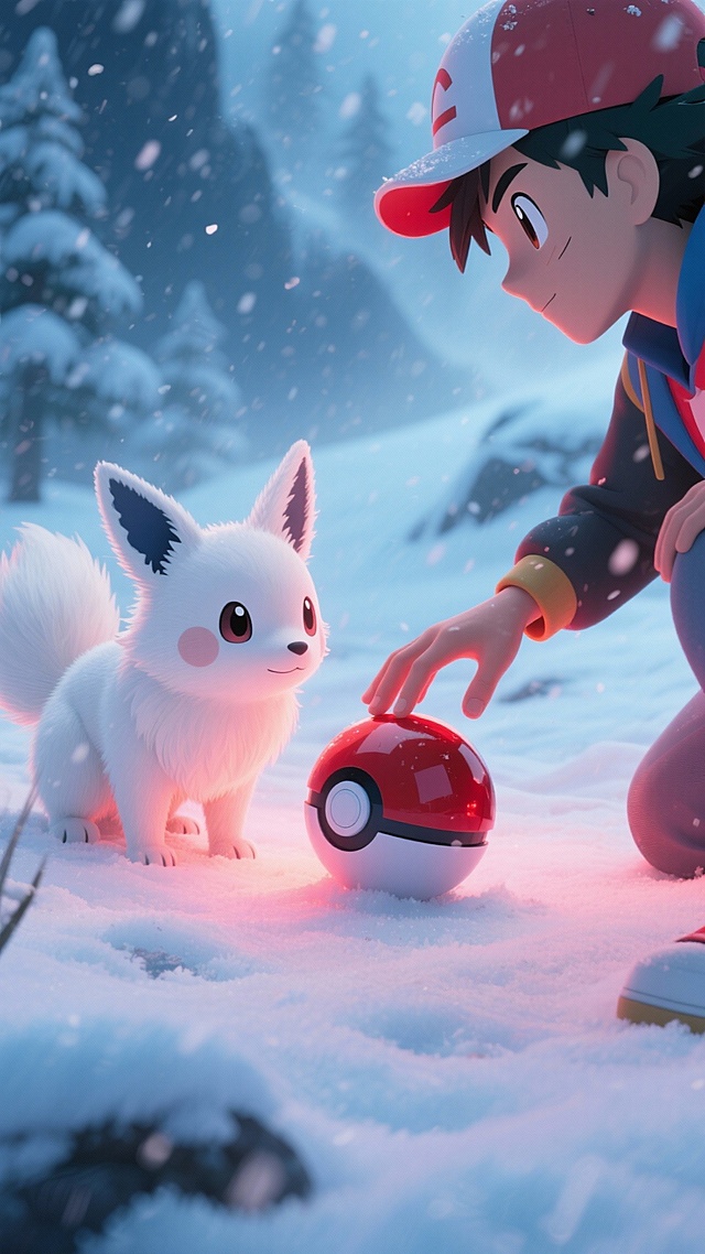 暴风雪中，训练家伸出手，轻柔地将精灵球放在雪地上，一只白色狐狸类宝可梦好奇靠近，红光温柔升起将其包裹，没有挣扎，只有信任的眼神交汇，冷色调中透出暖光，新海诚式细腻画风，强调情感与羁绊。