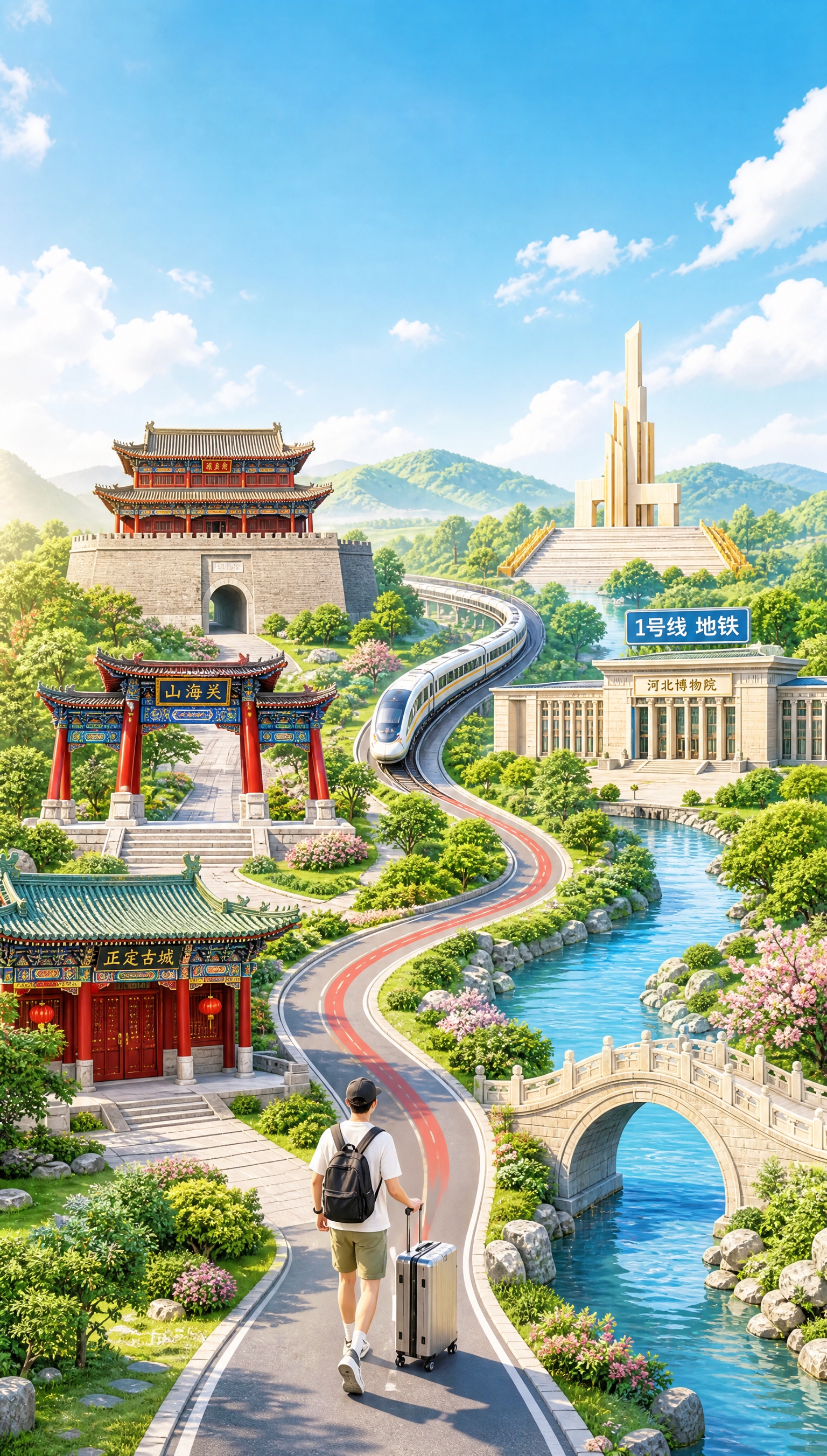 仿照图1插画的风格和图2草图的元素，绘制一张河北地标旅游插画：… - 图片创意预览