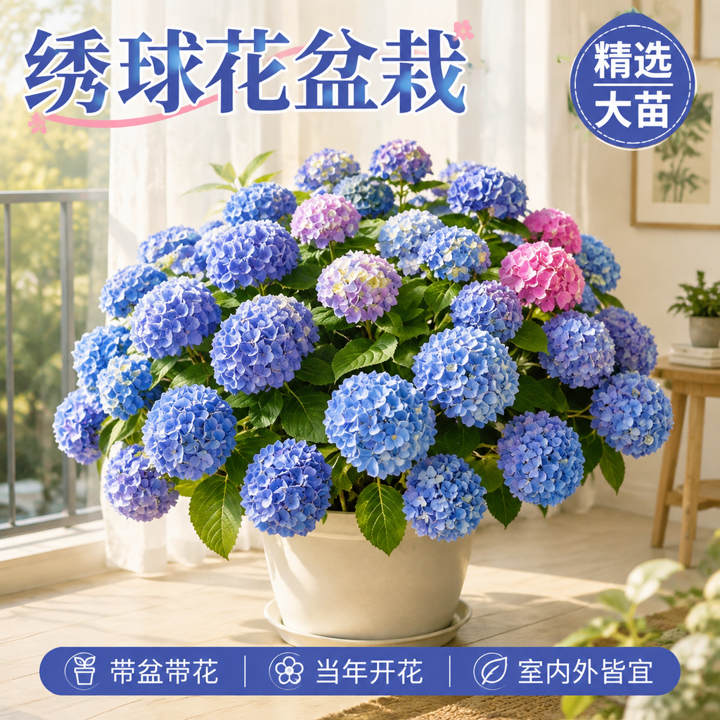 淘宝天猫电商主图，1:1正方形，商品为绣球花盆栽，带盆带花，蓝… - 图片创意预览