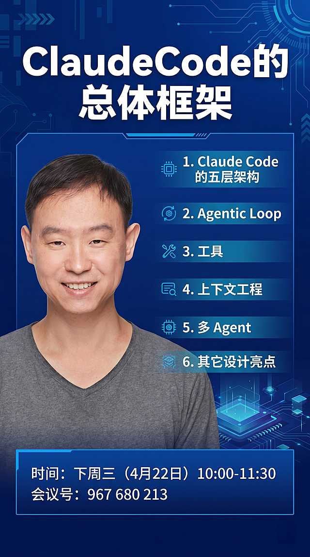 学术课题分享海报，标题是"ClaudeCode的总体框架"，内容要点：1. Claude Code 的五层架构 2. Agentic Loop 3. 工具 4. 上下文工程 5. 多 Agent 6. 其它设计亮点，时间：下周三（4月22日）10:00-11:30，会议号：967 680 213，放大分享人人物照片的尺寸，整体风格现代简约科技风，深蓝色系背景，排版清晰层次分明，适合技术分享讲座使用